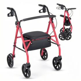 2-in-1 Rollator Walker with Seat (Red), 8-Inch Large Wheels & Versatile Braking System, Adjustable Height